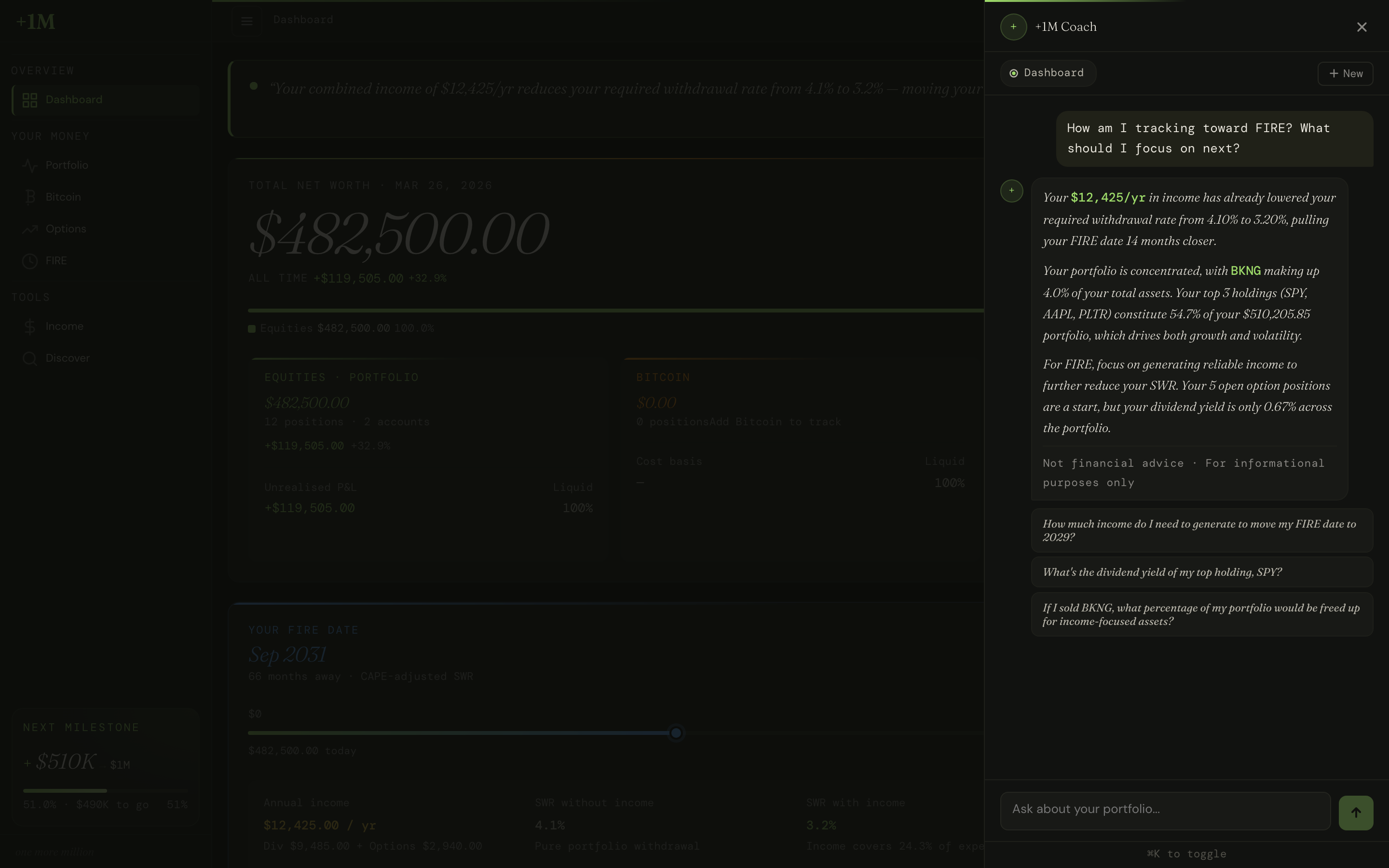 AI Coach chat showing cross-pillar insight about MSTR covered call and FIRE date impact