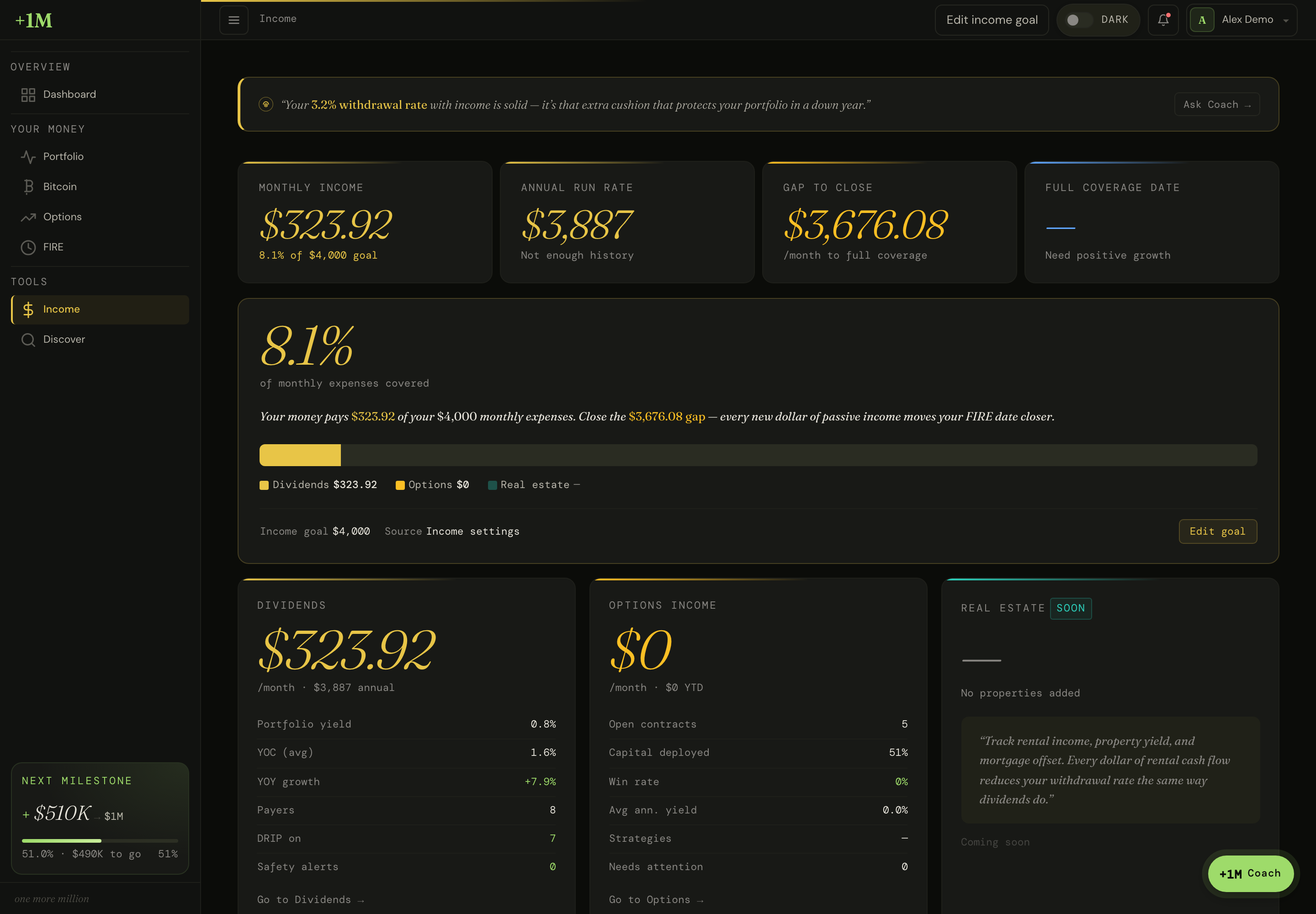 Dividends overview with safety grid, alert queue, top contributors, and upcoming payments