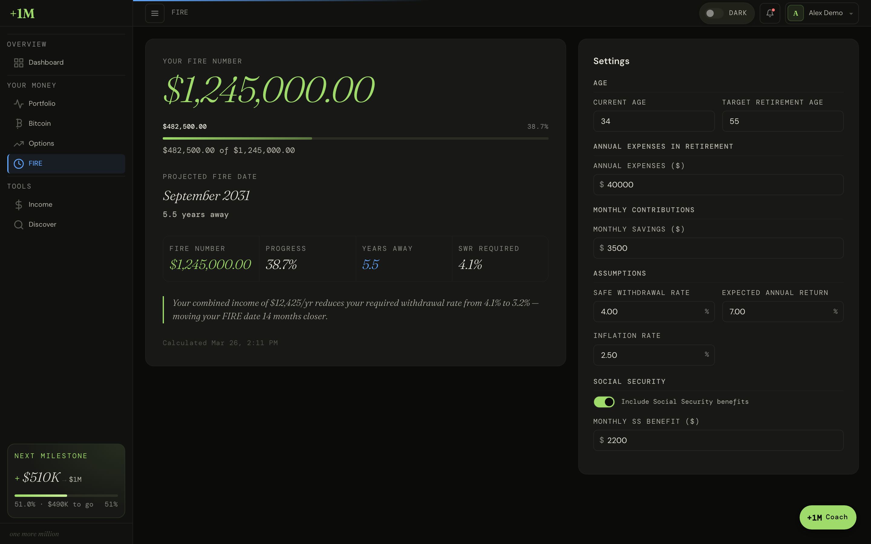 FIRE calculator showing projected date, progress bar, income coverage, and settings form