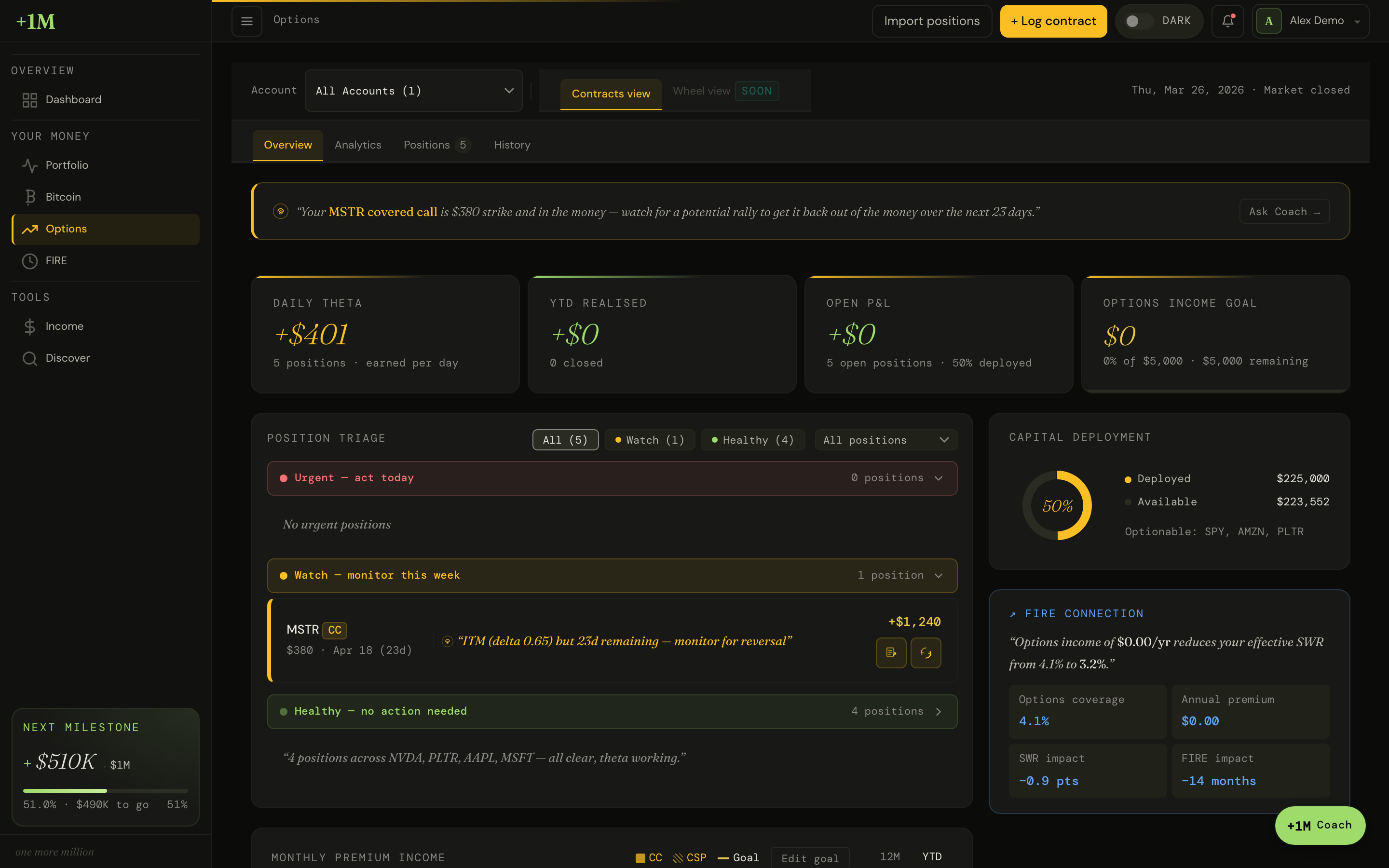 Options Position Triage showing Urgent, Watch, and Healthy positions with AI insights and risk metrics