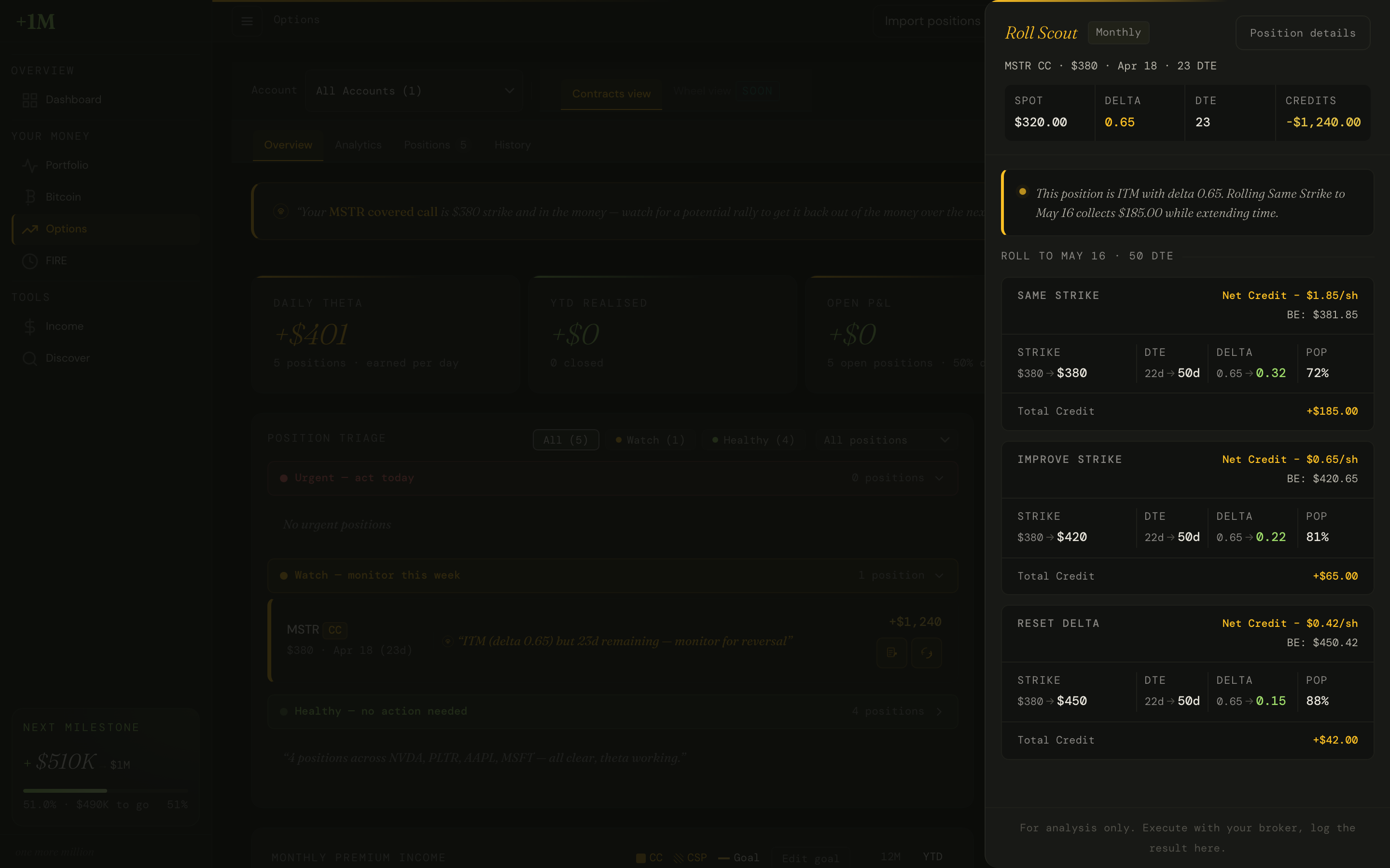 Roll Scout panel showing three roll options with net credit and breakeven for an NVDA covered call